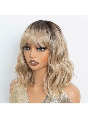Women's TT8 Shoulder Ombre Bob Party Wig with Bangs Short Curly Synthetic